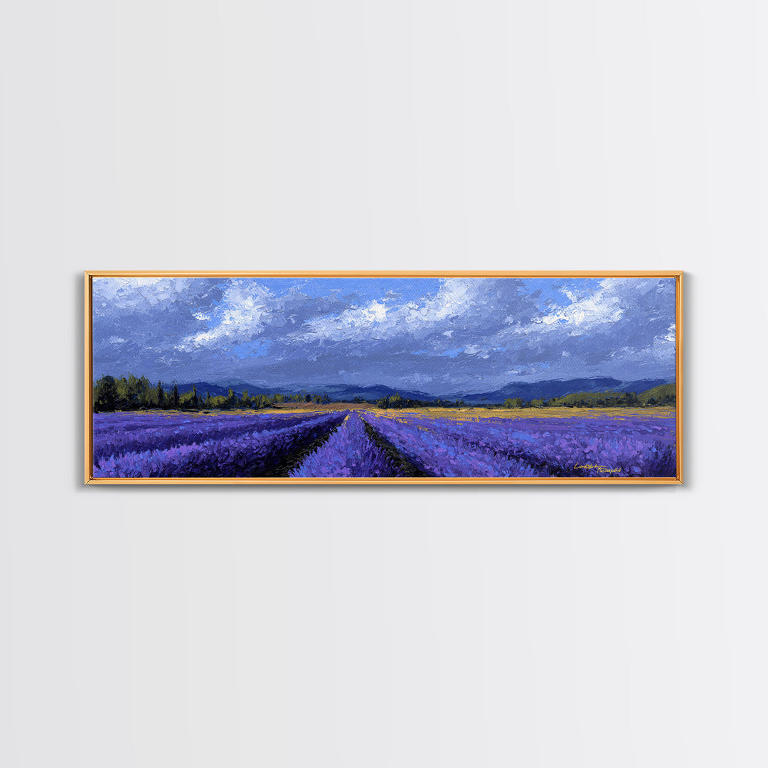 Lavender Field Leading to Distant Hills Framed Canvas Print, Landscape Art, Digital Wall Art, Living Room Decor, Horizon, LAN-3x1-2