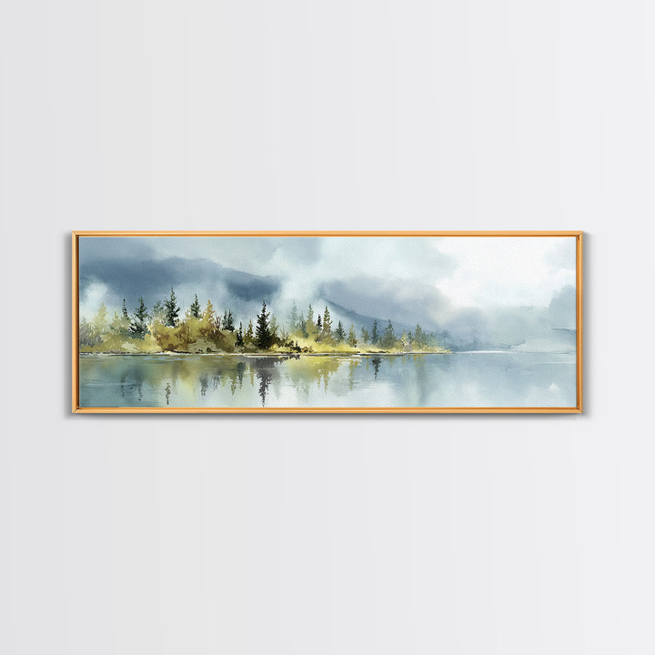 Quiet Lake Reflecting Pine Forest Canvas Print, Landscape Art, Living Room Wall Art, Living Room Decor, Oil Painting, Horizon, LAN-3x1-20