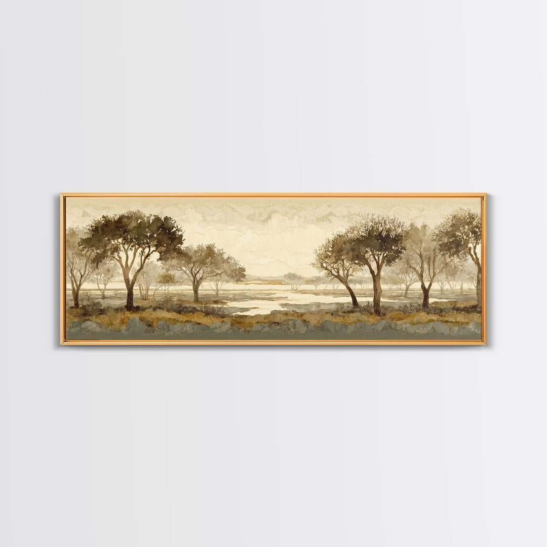 Wide Savanna with Acacia Silhouette Canvas Print, Landscape Art, Minimalist Decor, Living Room Decor, Oil Painting, Horizon, LAN-3x1-35