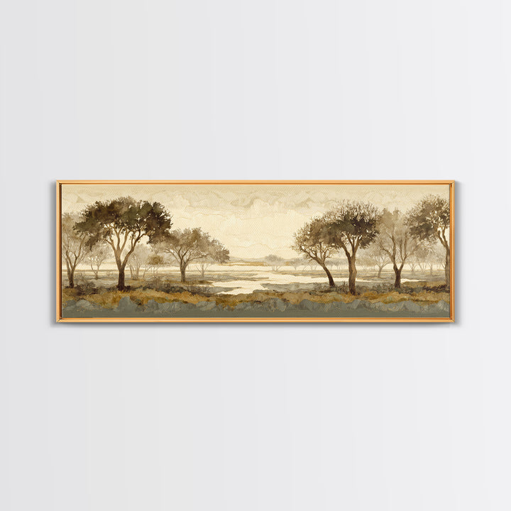 Wide Savanna with Acacia Silhouette Canvas Print, Landscape Art, Minimalist Decor, Living Room Decor, Oil Painting, Horizon, LAN-3x1-35