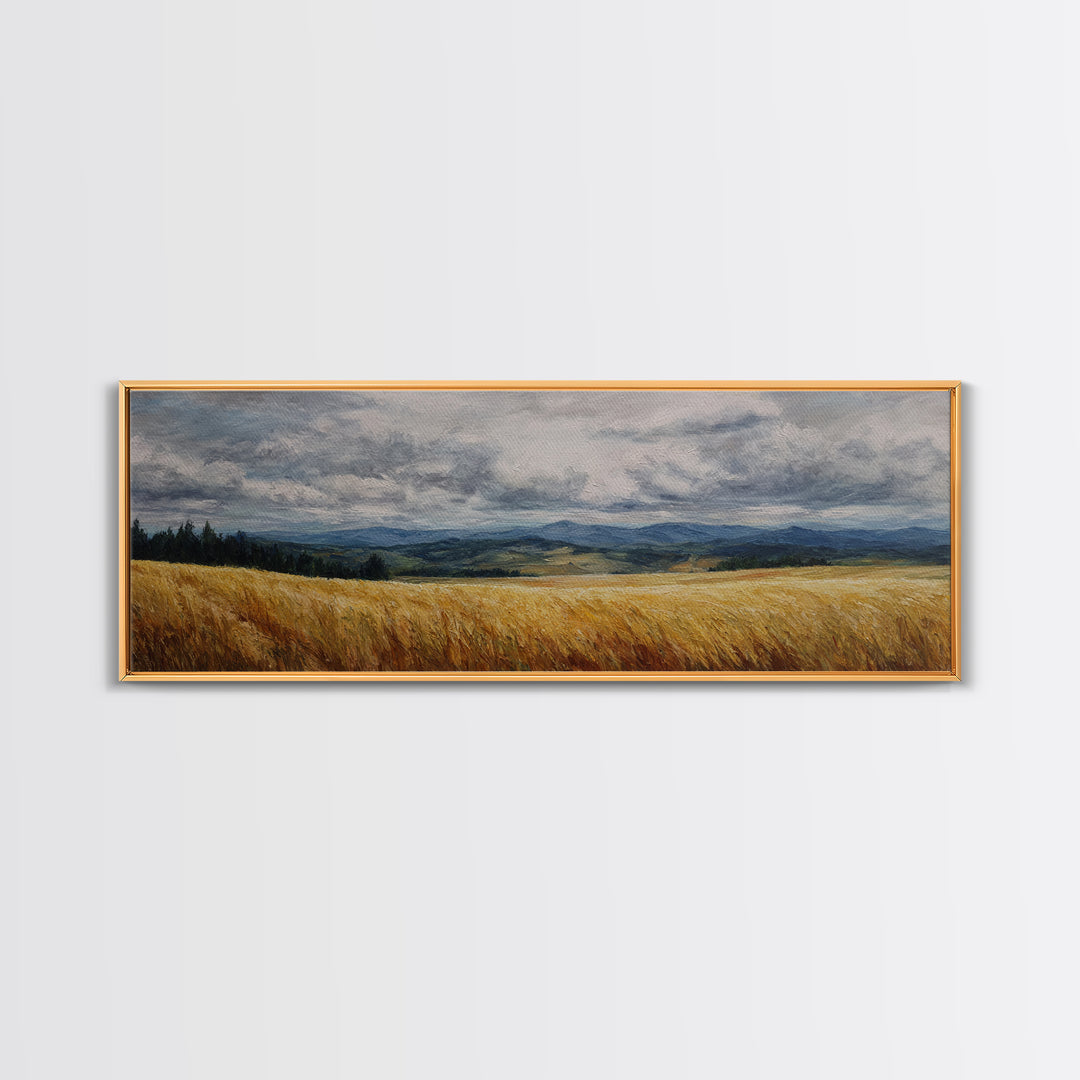 Golden Wheat Field Beneath Huge Clouds Canvas Print, Landscape Art, Neutral Decor, Living Room Decor, Oil Painting, Horizon, LAN-3x1-40