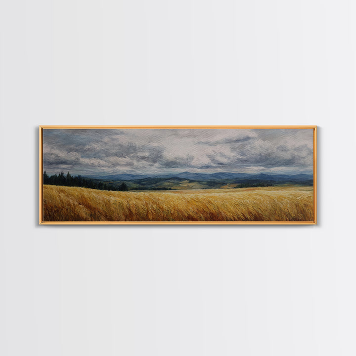 Golden Wheat Field Beneath Huge Clouds Canvas Print, Landscape Art, Neutral Decor, Living Room Decor, Oil Painting, Horizon, LAN-3x1-40