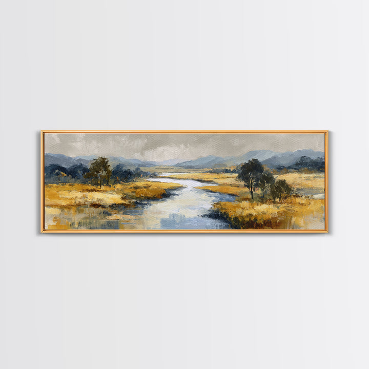 Winding River Through Golden Fields Canvas Print, Landscape Art, Boho Wall Art, Living Room Decor, Fine Art, Horizon, LAN-3x1-42