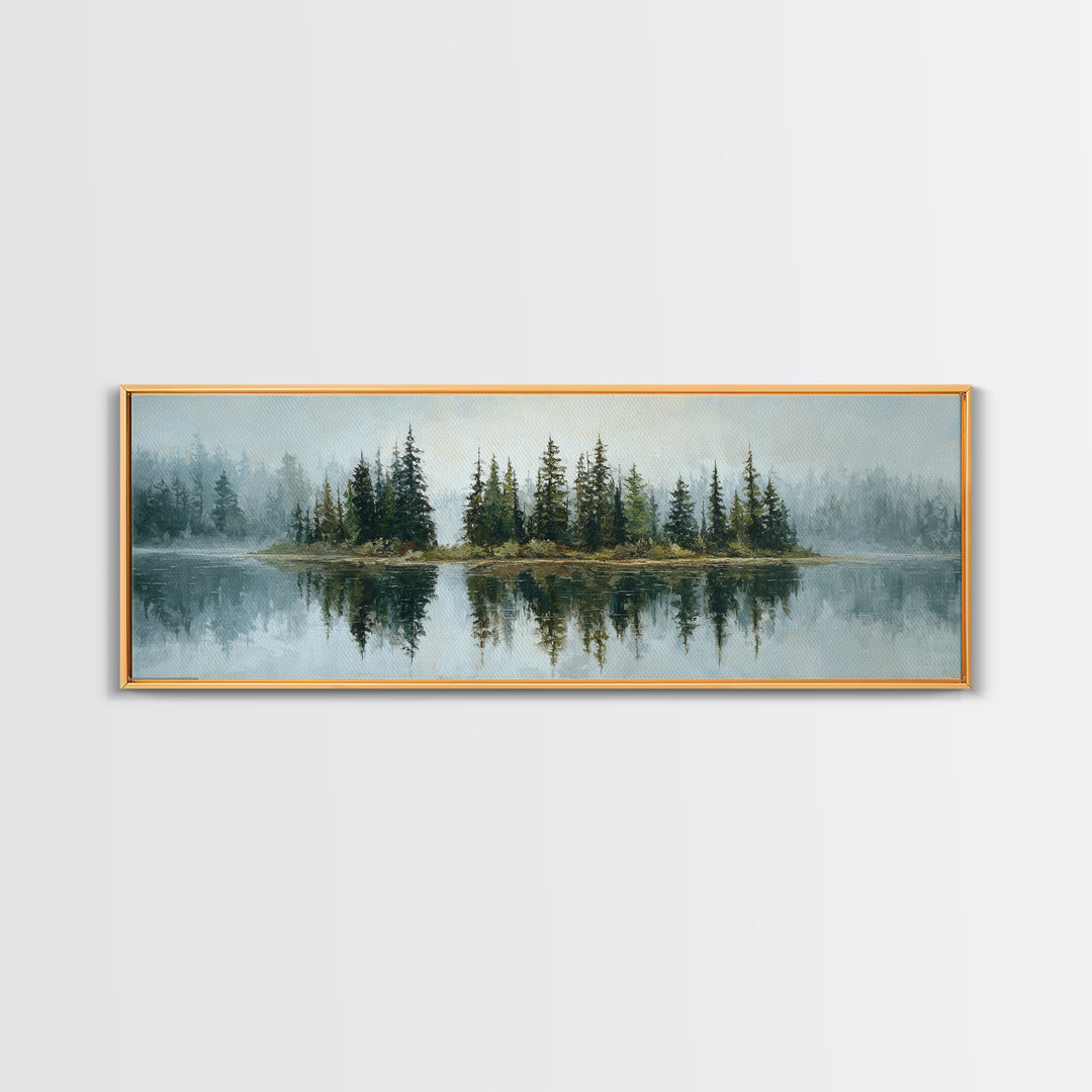 Quiet Lake Reflecting Pine Forest Framed Canvas Print, Landscape Art, Modern Decor, Living Room Decor, Fine Art, Horizon, LAN-3x1-44