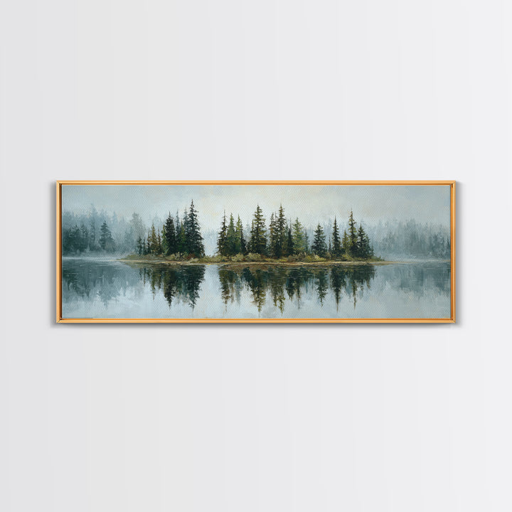 Quiet Lake Reflecting Pine Forest Framed Canvas Print, Landscape Art, Modern Decor, Living Room Decor, Fine Art, Horizon, LAN-3x1-44