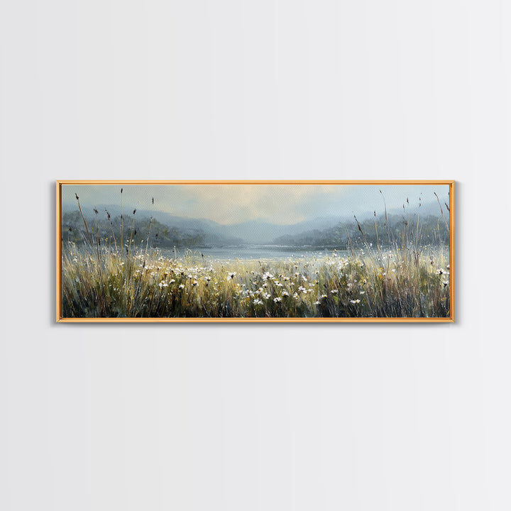 Sunlit Meadow with Wildflowers Framed Canvas Print, Landscape Art, Living Room Wall Art, Living Room Decor, Oil Painting, LAN-3x1-53