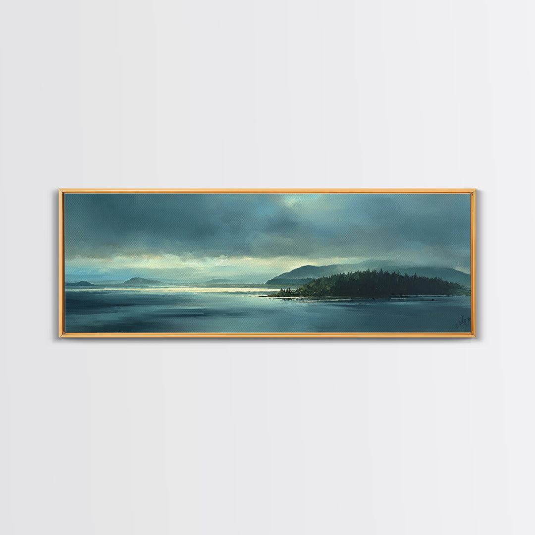 Fjord Landscape with Icy Blue Water Framed Canvas Print, Landscape Art, Decor, Living Room Decor, Oil Painting, Horizon, LAN-3x1-55