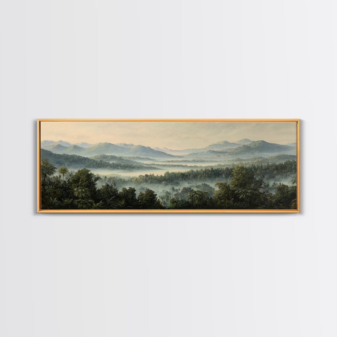 Tropical Jungle Waterfall Framed Canvas Print, Landscape Art, Minimalist Decor, Living Room Decor, Oil Painting, Horizon, LAN-3x1-56