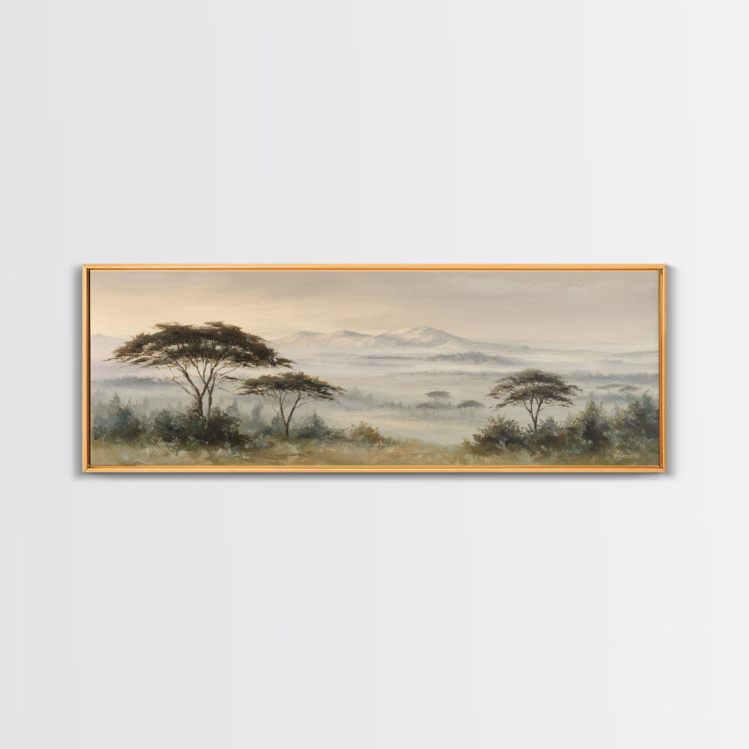 Wide Savanna with Acacia Silhouette Framed Canvas Print, Landscape Art, Digital Prints, Living Room Decor, Fine Art, Horizon, LAN-3x1-59