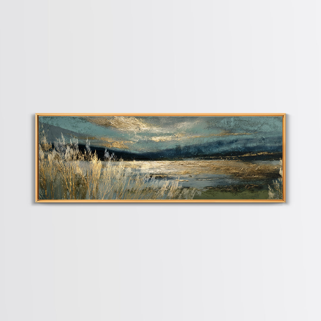 Moonlit River with Silver Reflections Canvas Print, Landscape Art, Floral Wall Art, Living Room Decor, Fine Art, Horizon, LAN-3x1-61
