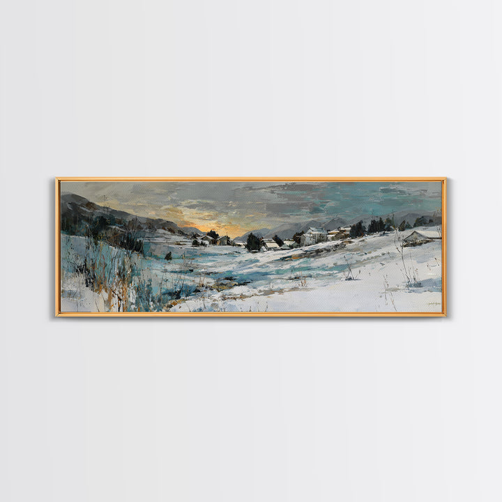 Snow Covered Alpine Village at Dusk Canvas Print, Landscape Art, Framed Wall Art, Living Room Decor, Oil Painting, Horizon, LAN-3x1-71