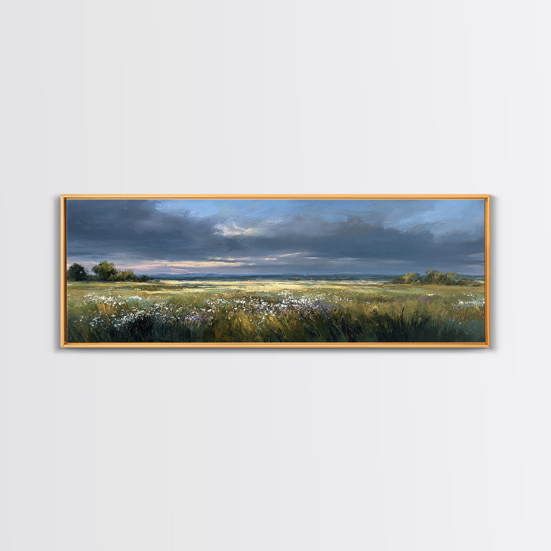 Sunlit Meadow with Wildflowers Framed Canvas Print, Landscape Art, Living Room Wall Art, Living Room Decor, Oil Painting, LAN-3x1-77