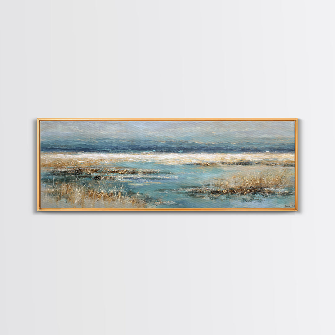 Fjord Landscape with Icy Blue Water Framed Canvas Print, Landscape Art, Digital Print, Living Room Decor, Fine Art, Horizon, LAN-3x1-79