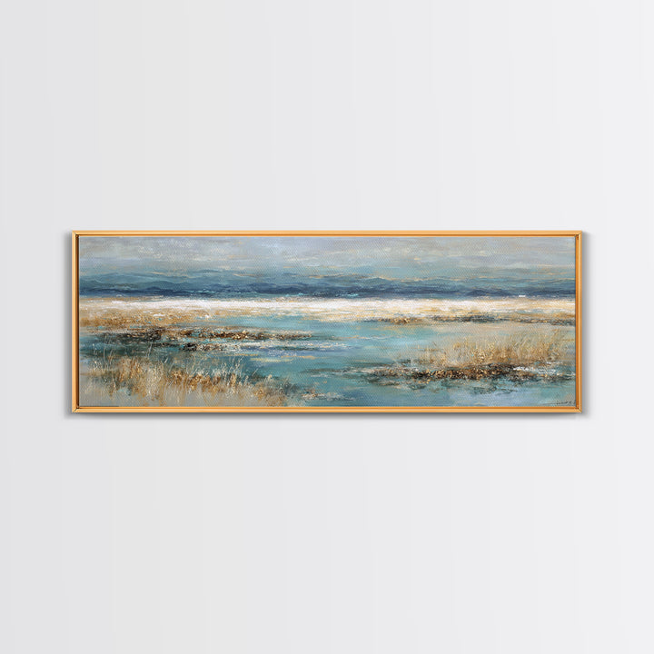 Fjord Landscape with Icy Blue Water Framed Canvas Print, Landscape Art, Digital Print, Living Room Decor, Fine Art, Horizon, LAN-3x1-79