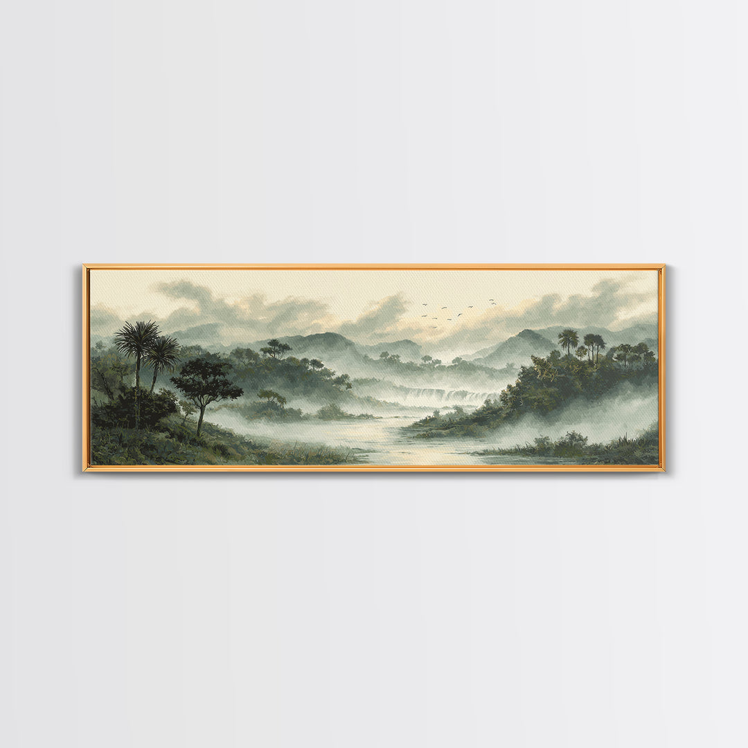 Tropical Jungle Waterfall Canvas Print, Landscape Art, Digital Prints, Living Room Decor, Fine Art, Horizon, Farmhouse Decor, LAN-3x1-80
