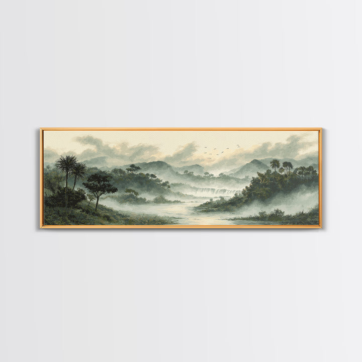 Tropical Jungle Waterfall Canvas Print, Landscape Art, Digital Prints, Living Room Decor, Fine Art, Horizon, Farmhouse Decor, LAN-3x1-80