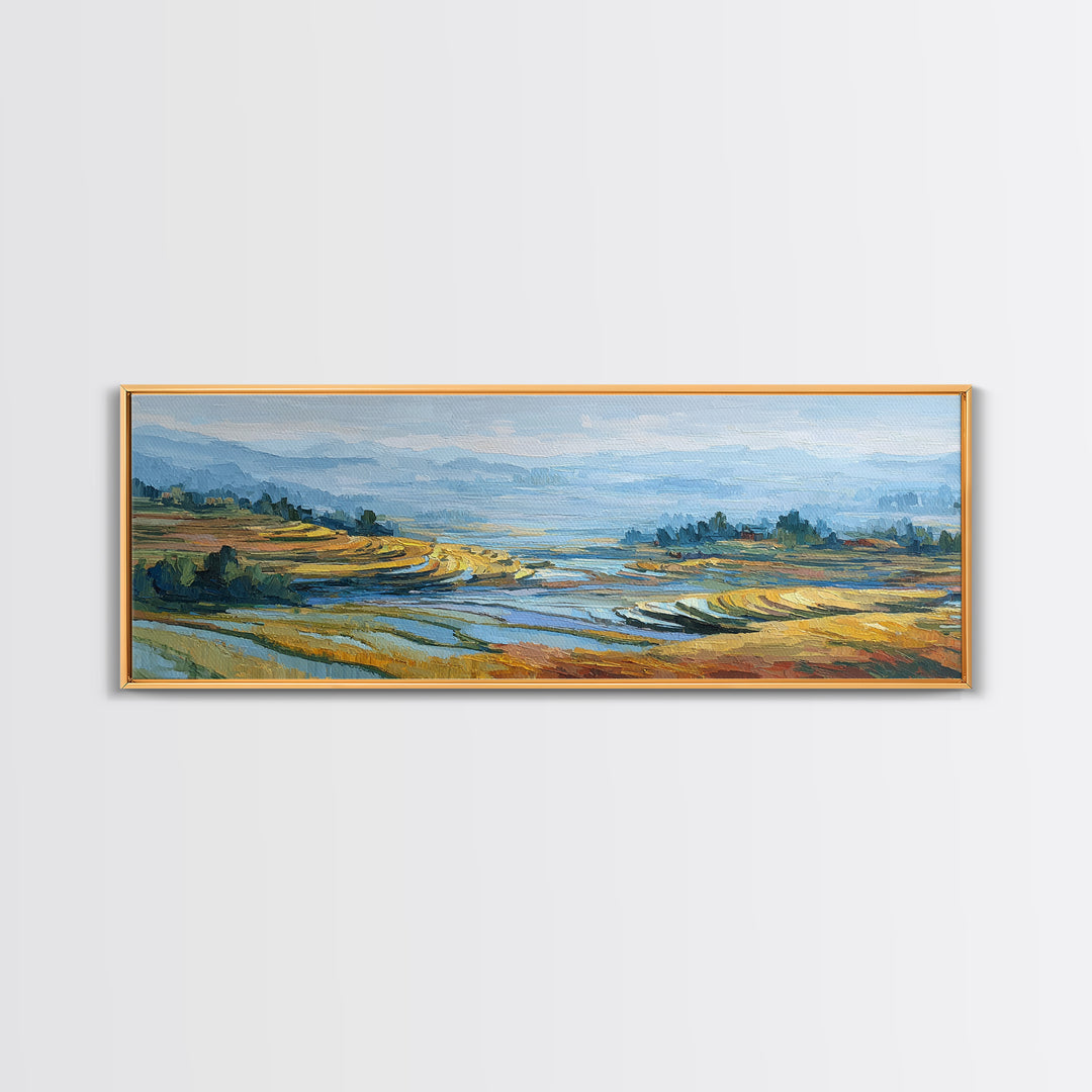 Rice Terraces Glowing Framed Canvas Print, Landscape Art, Living Room Decor, Oil Painting, Horizon, Modern Art, Gallery Decor, LAN-3x1-82