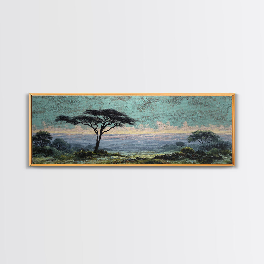 Wide Savanna with Acacia Silhouette Canvas Print, Landscape Art, Digital Wall Art, Living Room Decor, Fine Art, Horizon, LAN-3x1-83