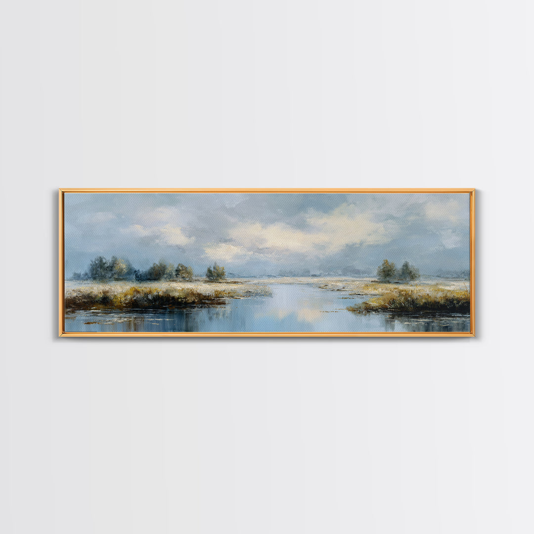 Moonlit River with Silver Reflections Canvas Print, Landscape Art, Floral Wall Art, Living Room Decor, Fine Art, Horizon, LAN-3x1-85