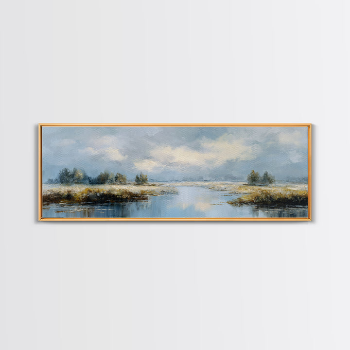 Moonlit River with Silver Reflections Canvas Print, Landscape Art, Floral Wall Art, Living Room Decor, Fine Art, Horizon, LAN-3x1-85