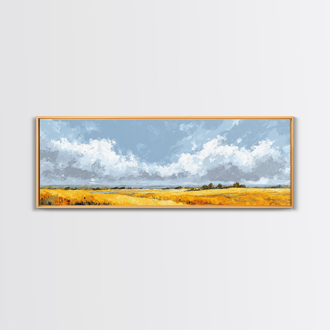 Golden Wheat Field Beneath Huge Clouds Canvas Print, Landscape Art, Wall Art, Living Room Decor, Horizon, Framed Wall Art, LAN-3x1-88