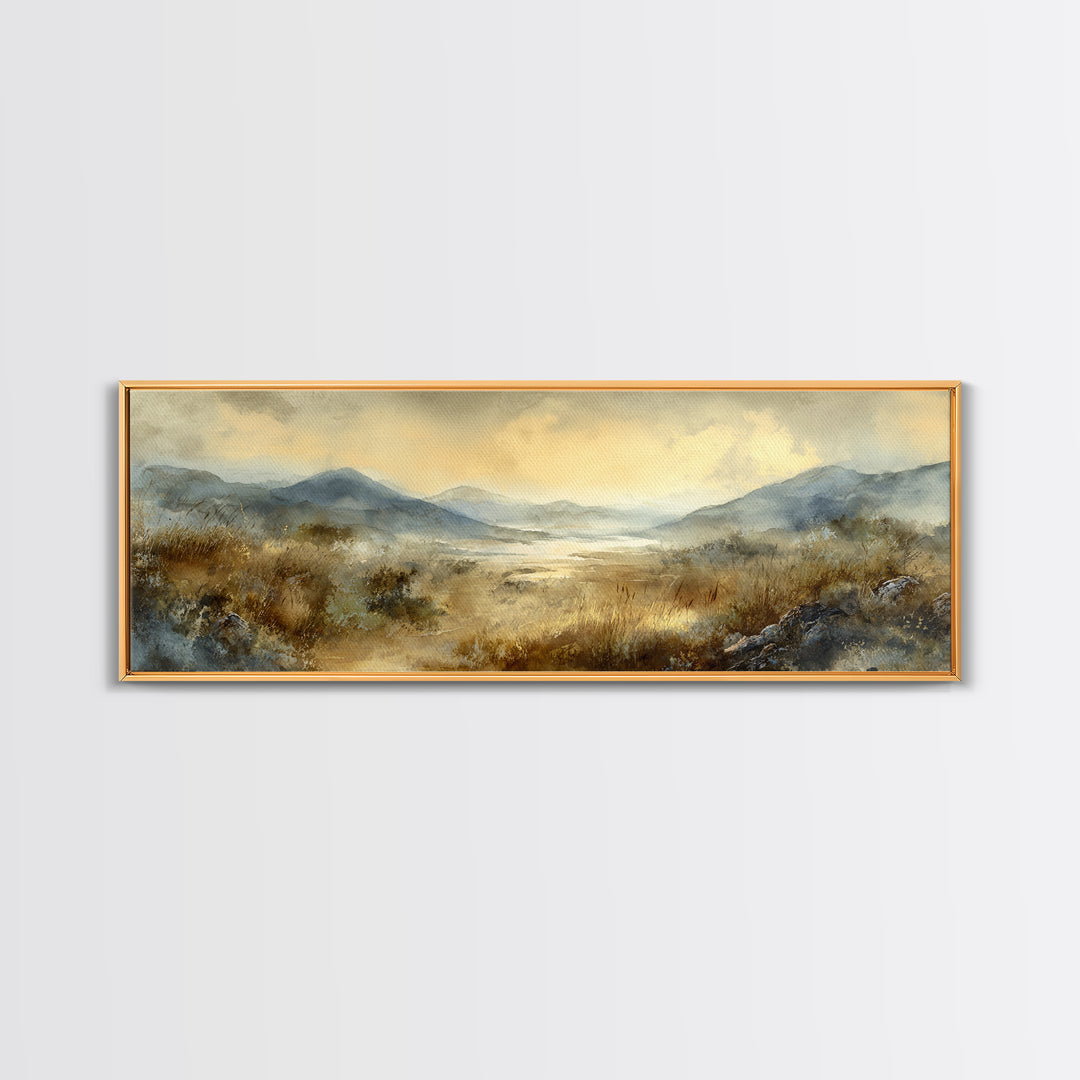 Misty Mountain Valley at Sunrise Framed Canvas Print, Landscape Art, Boho Decor, Living Room Decor, Fine Art, Horizon, LAN-3x1-89