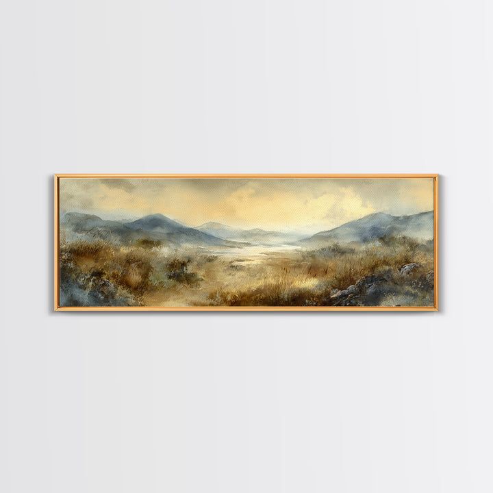 Misty Mountain Valley at Sunrise Framed Canvas Print, Landscape Art, Boho Decor, Living Room Decor, Fine Art, Horizon, LAN-3x1-89