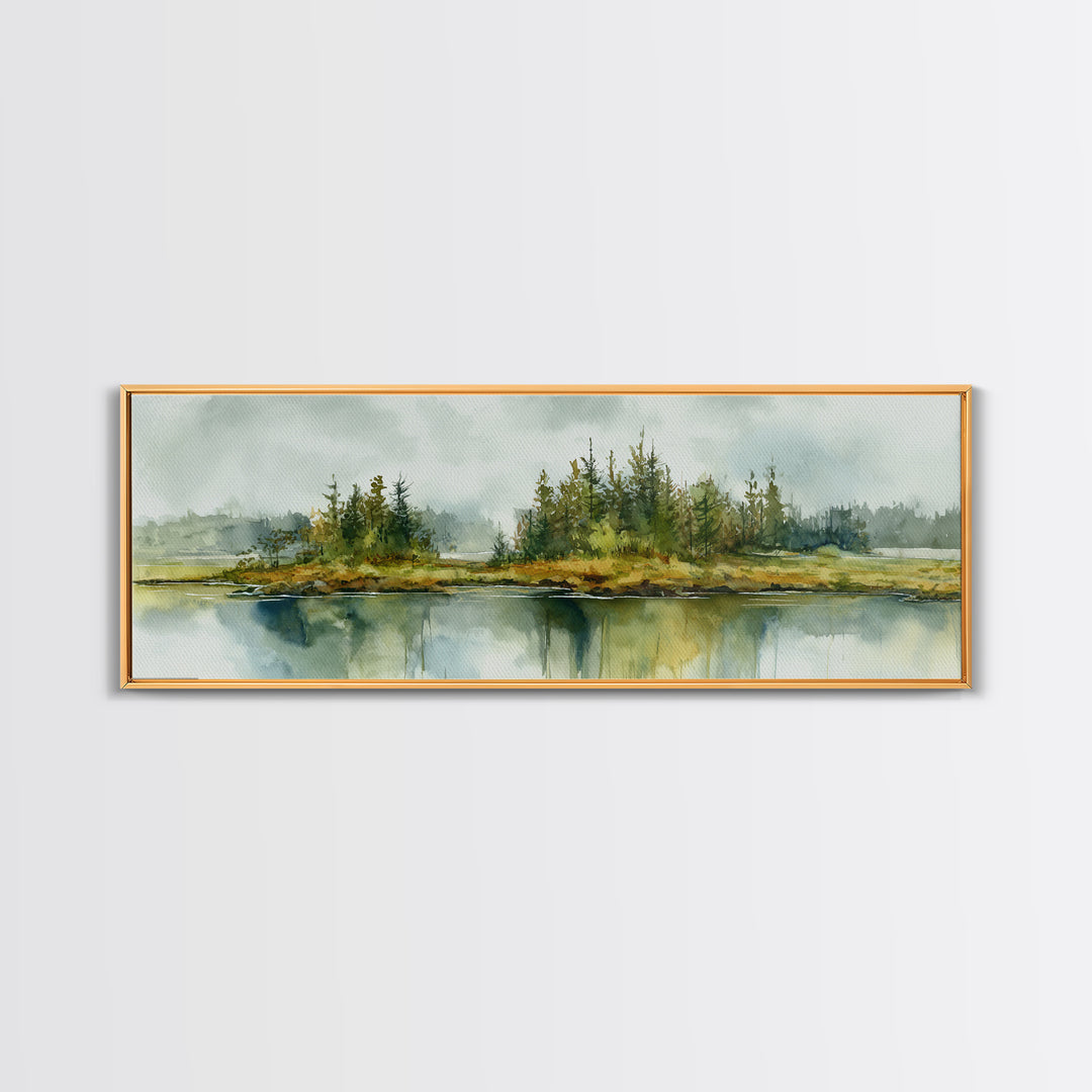 Quiet Lake Reflecting Pine Forest Canvas Print, Landscape Art, Digital Art, Living Room Decor, Fine Art, Horizon, Boho Wall Art, LAN-3x1-92