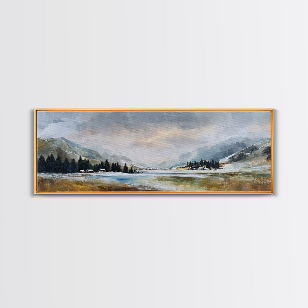Snow Covered Alpine Village at Dusk Canvas Print, Landscape Art, Digital Art, Living Room Decor, Horizon, Boho Wall Art, LAN-3x1-95