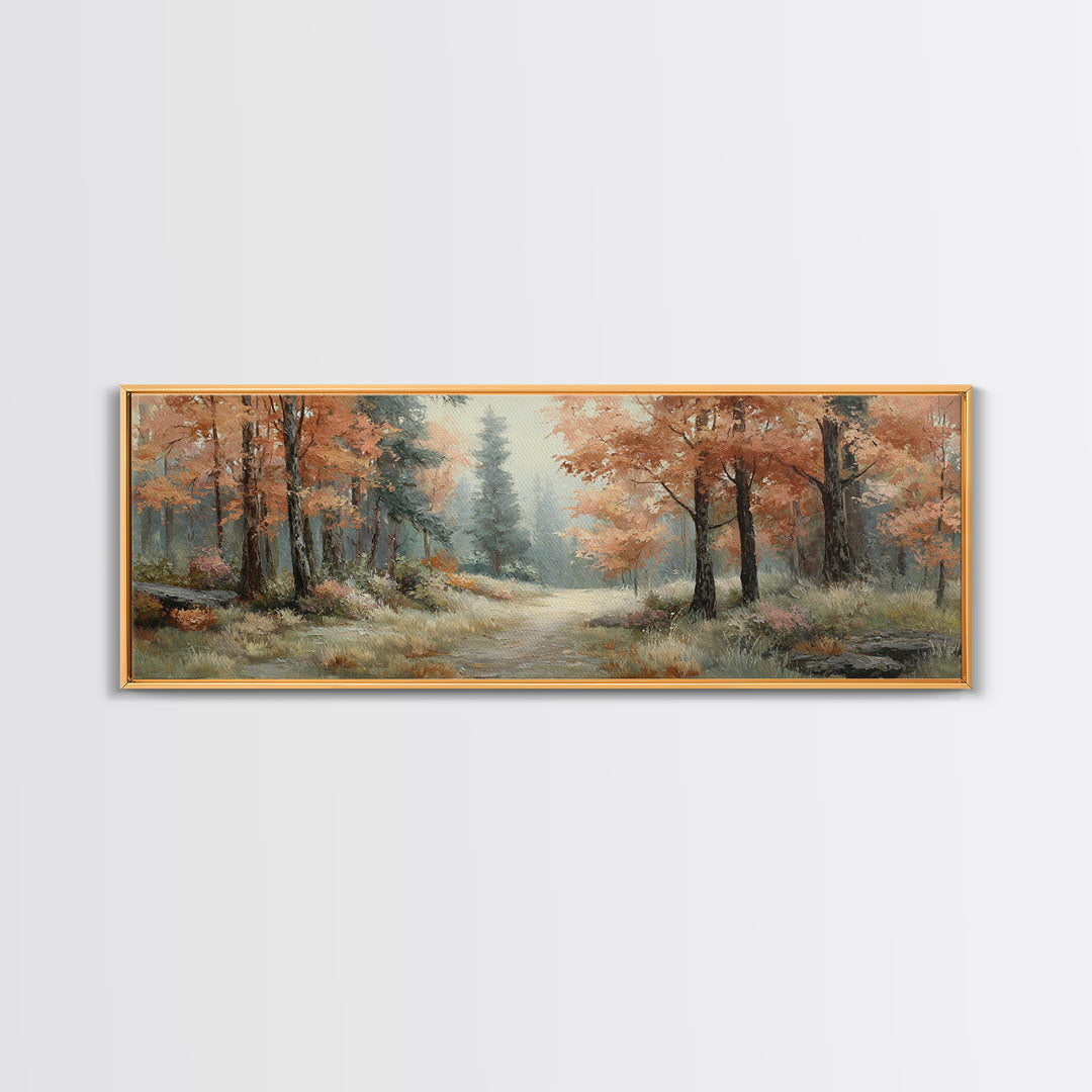 Autumn Forest Path Canvas Print, Landscape Art, Luxury Decor, Living Room Decor, Fine Art, Horizon, Digital Art, LAN-3x1-97