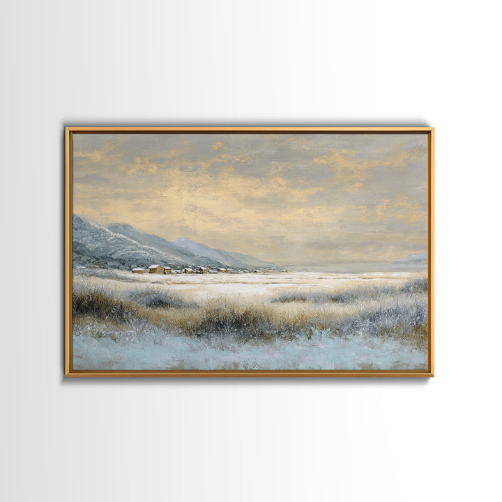 Snow Covered Alpine Village at Dusk Canvas Print, Landscape Art, Modern Decor, Living Room Decor, Fine Art, Horizon, Wall Decor, LAN-3x2-11