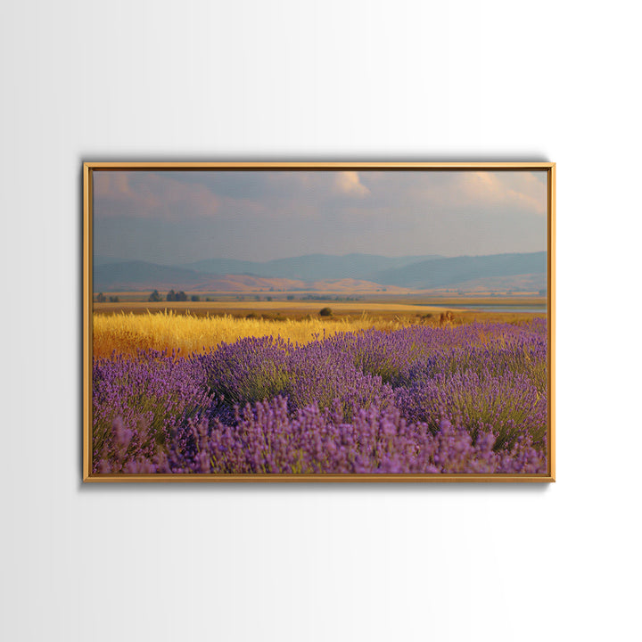 Lavender Field Leading to Distant Hills Framed Canvas Print, Landscape Art, Framed Wall Art, Living Room Decor, Oil Painting, LAN-3x2-14