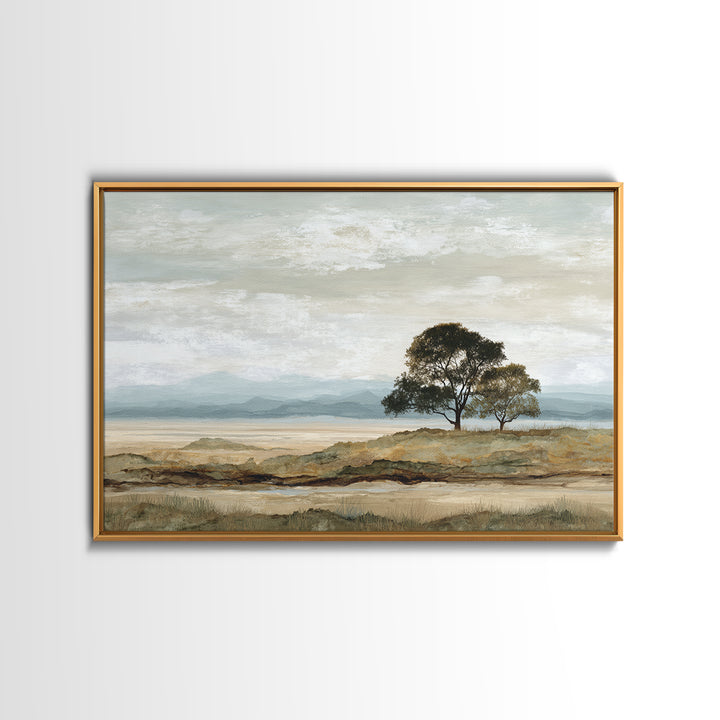 Wide Savanna with Acacia Silhouette Framed Canvas Print, Landscape Art, Living Room Wall Art, Living Room Decor, Oil Painting, LAN-3x2-23