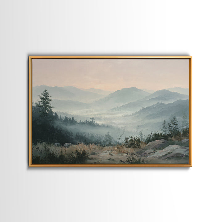 Misty Mountain Valley at Sunrise Canvas Print, Landscape Art, Modern Decor, Living Room Decor, Fine Art, Horizon, Wall Decor, LAN-3x2-29