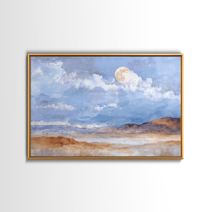 Desert Dunes under Pale Moon Framed Canvas Print, Landscape Art, Contemporary Art, Living Room Decor, Fine Art, Horizon, LAN-3x2-39