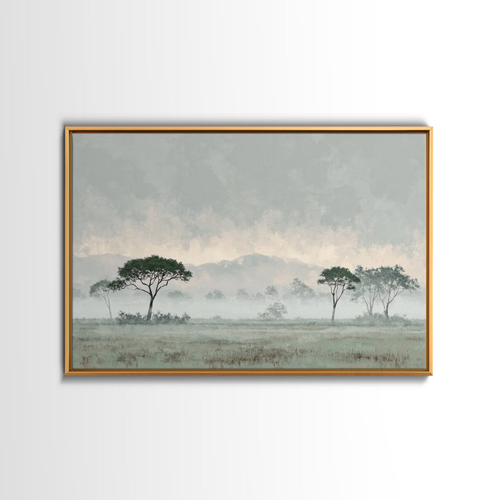 Wide Savanna with Acacia Silhouette Framed Canvas Print, Landscape Art, Digital Art, Living Room Decor, Fine Art, Horizon, LAN-3x2-47