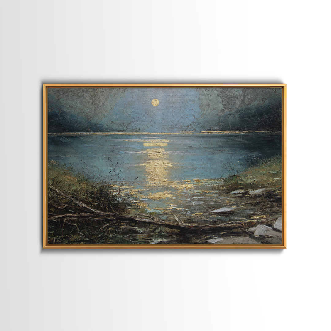 Moonlit River with Silver Reflections Canvas Print, Landscape Art, Neutral Decor, Living Room Decor, Oil Painting, Horizon, LAN-3x2-49