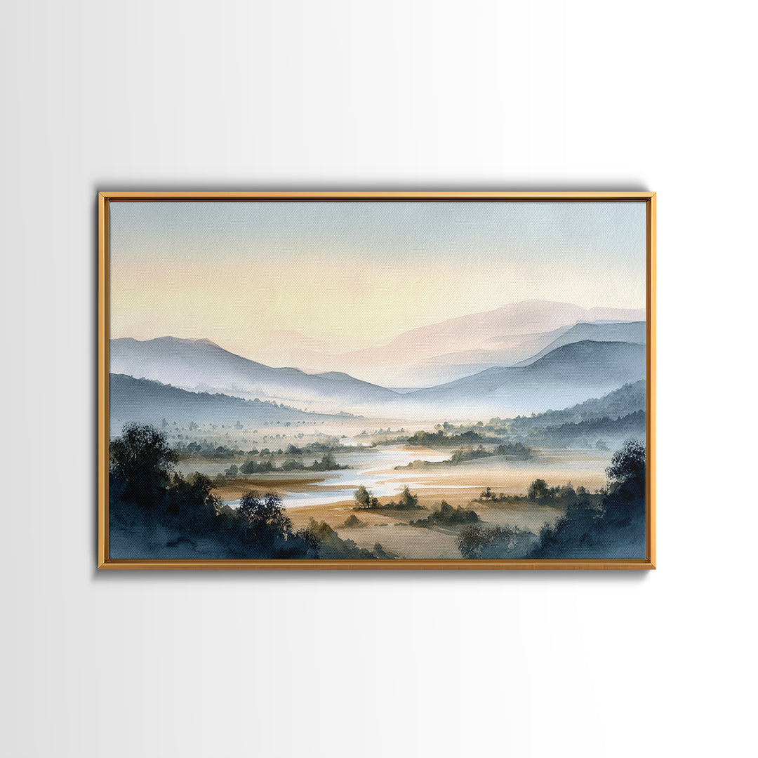 Misty Mountain Valley at Sunrise Framed Canvas Print, Landscape Art, Living Room Wall Art, Living Room Decor, Oil Painting, LAN-3x2-5