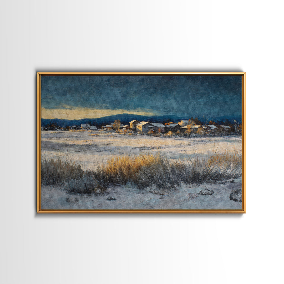 Snow Covered Alpine Village at Dusk Framed Canvas Print, Landscape Art, Digital Art, Living Room Decor, Fine Art, Horizon, LAN-3x2-59