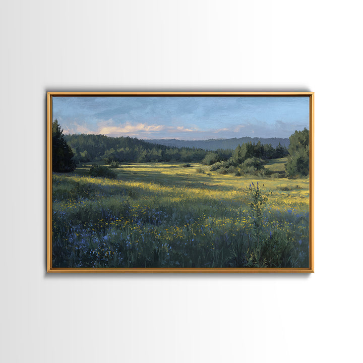 Sunlit Meadow with Wildflowers Framed Canvas Print, Landscape Art, Modern Art, Living Room Decor, Fine Art, Horizon, LAN-3x2-65