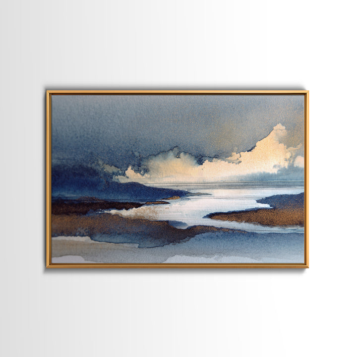 Moonlit River with Silver Reflections Canvas Print, Landscape Art, Neutral Decor, Living Room Decor, Oil Painting, Horizon, LAN-3x2-73