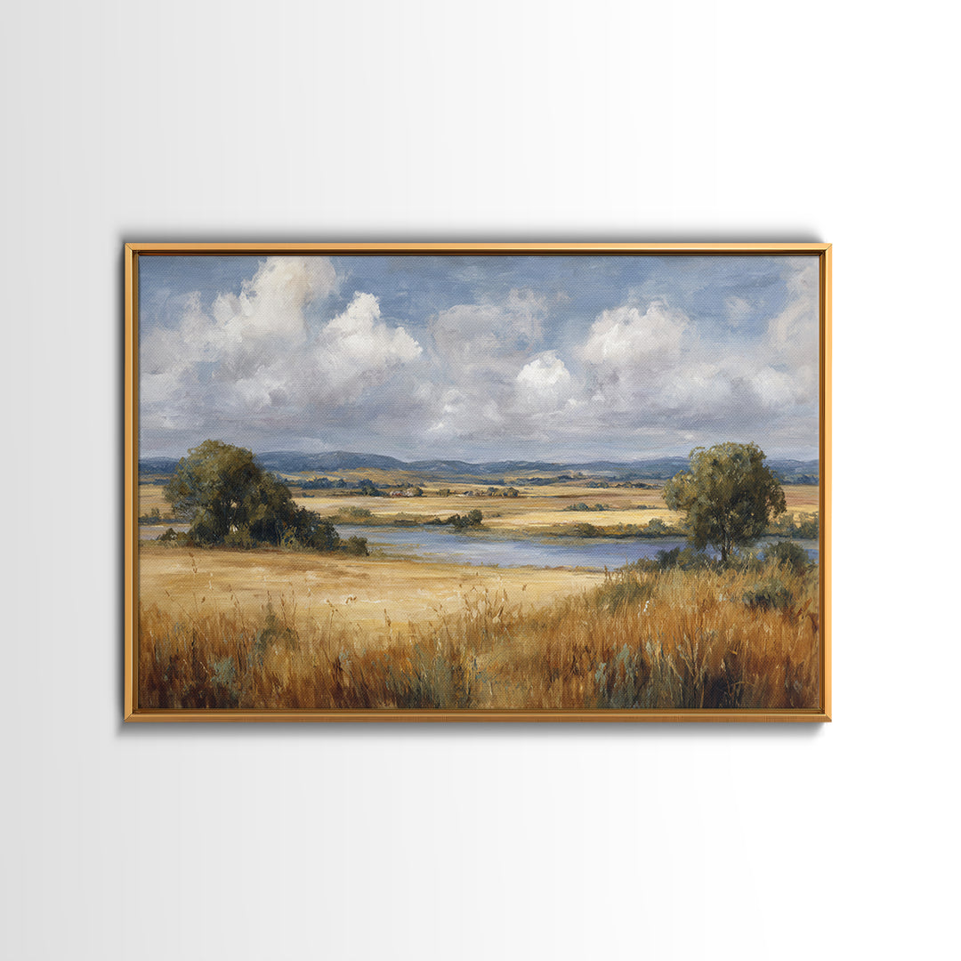 Golden Wheat Field Beneath Huge Clouds Canvas Print, Landscape Art, Luxury Decor, Living Room Decor, Fine Art, Horizon, LAN-3x2-76