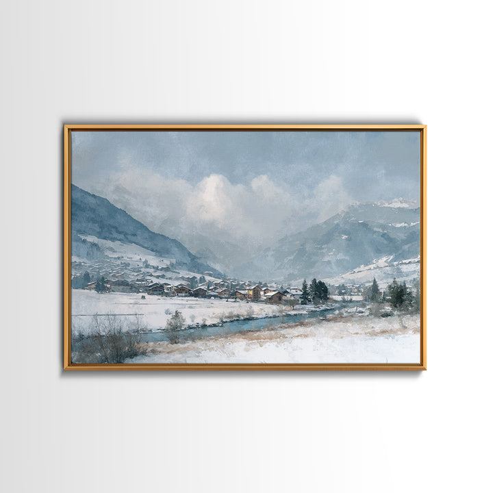 Snow Covered Alpine Village at Dusk Canvas Print, Landscape Art, Framed Wall Art, Living Room Decor, Oil Painting, Horizon, LAN-3x2-83