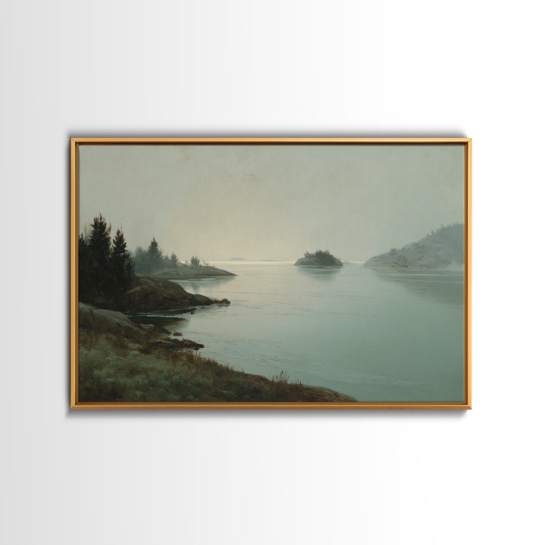 Fjord Landscape with Icy Blue Water Framed Canvas Print, Landscape Art, Digital Print, Living Room Decor, Fine Art, Horizon, LAN-3x2-91