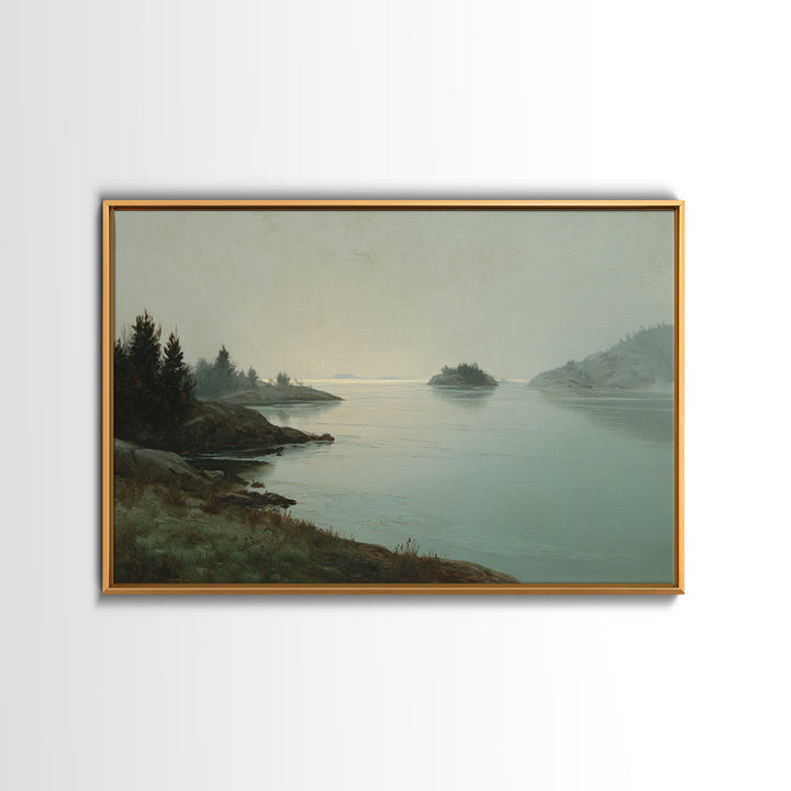 Fjord Landscape with Icy Blue Water Framed Canvas Print, Landscape Art, Digital Print, Living Room Decor, Fine Art, Horizon, LAN-3x2-91