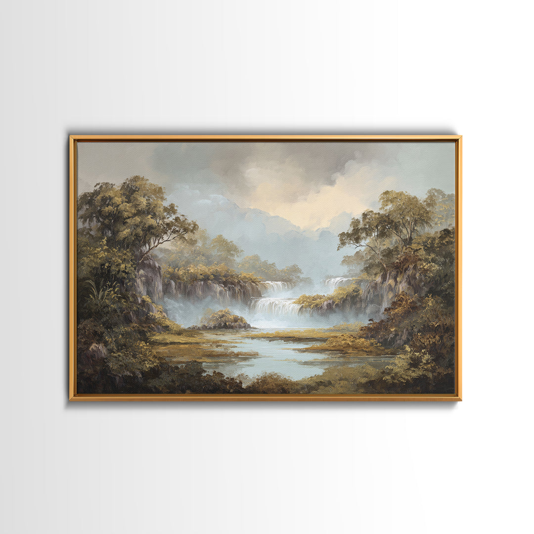 Tropical Jungle Waterfall Framed Canvas Print, Landscape Art, Digital Prints, Living Room Decor, Horizon, Farmhouse Decor, LAN-3x2-92
