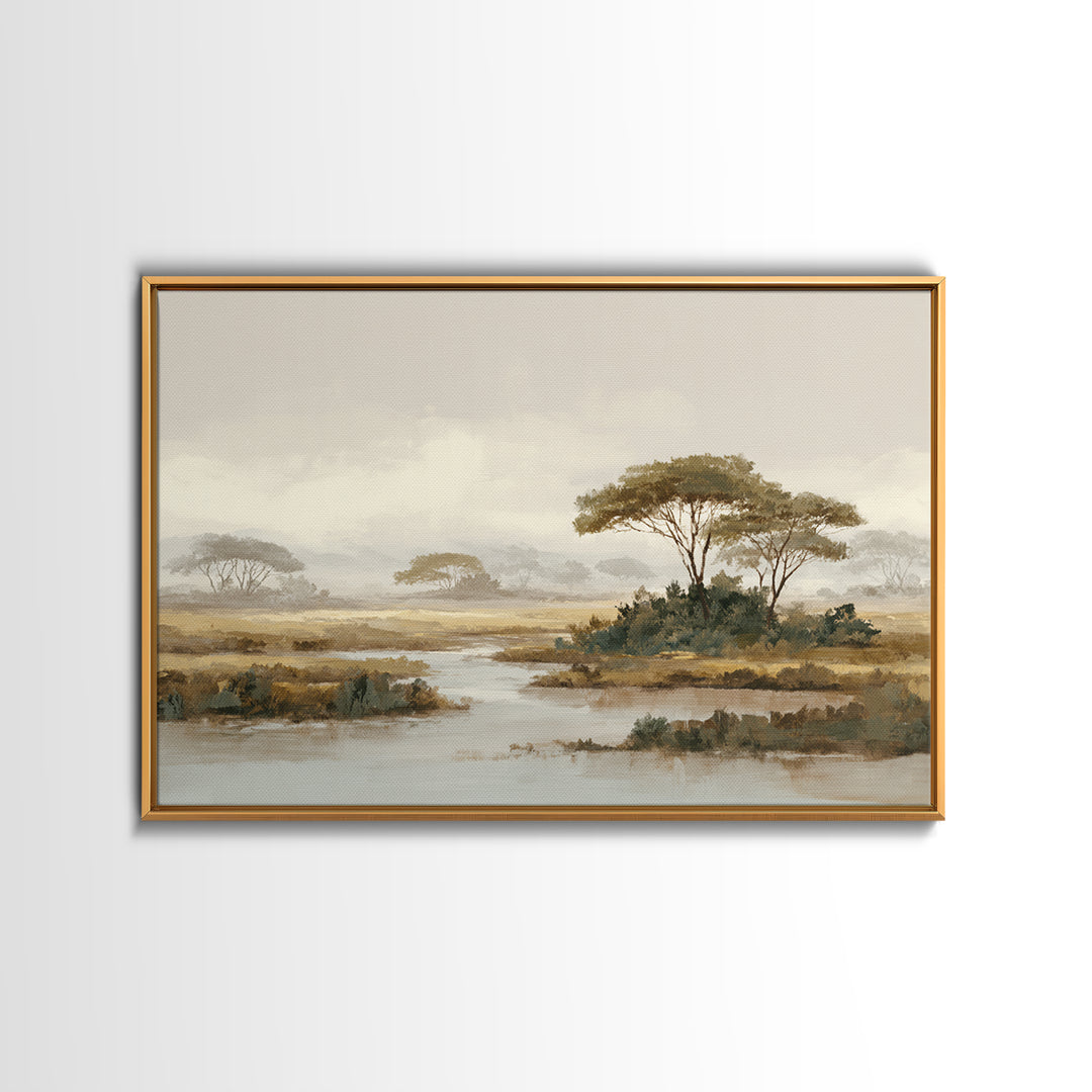 Wide Savanna with Acacia Silhouette Framed Canvas Print, Landscape Art, Digital Wall Art, Living Room Decor, Fine Art, Horizon, LAN-3x2-95