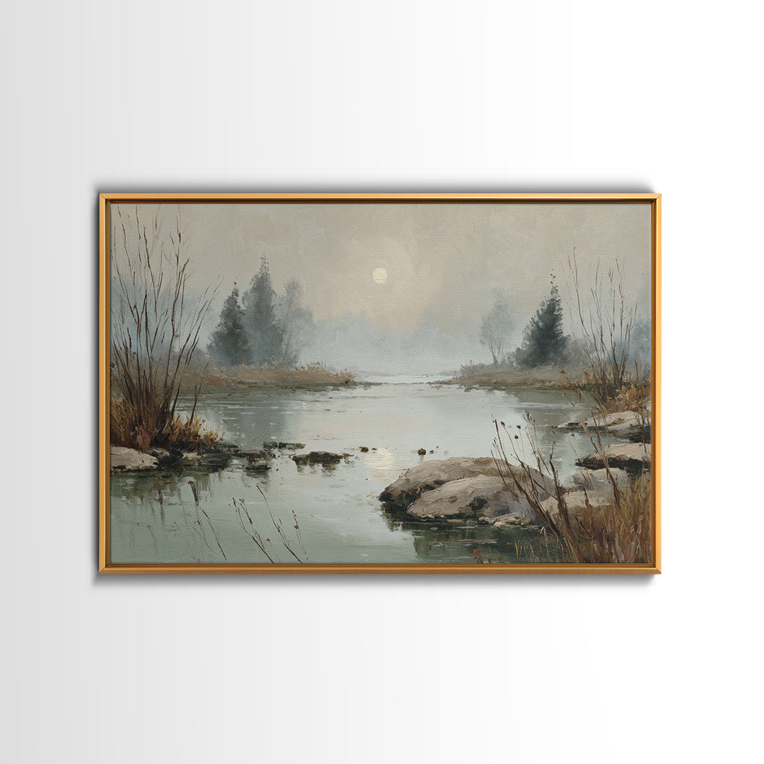 Moonlit River with Silver Reflections Framed Canvas Print, Landscape Art, Luxury Decor, Living Room Decor, Fine Art, Horizon, LAN-3x2-97
