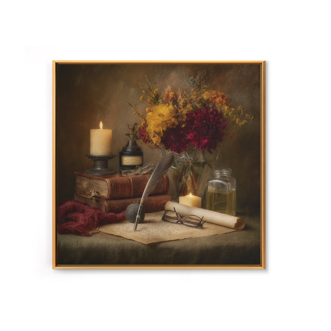 Fountain Pen and Parchment Framed Canvas Print, Library Art, Painting, Library Decor, Fine Art, Archive, Halloween Printable, LIB-1x1-12