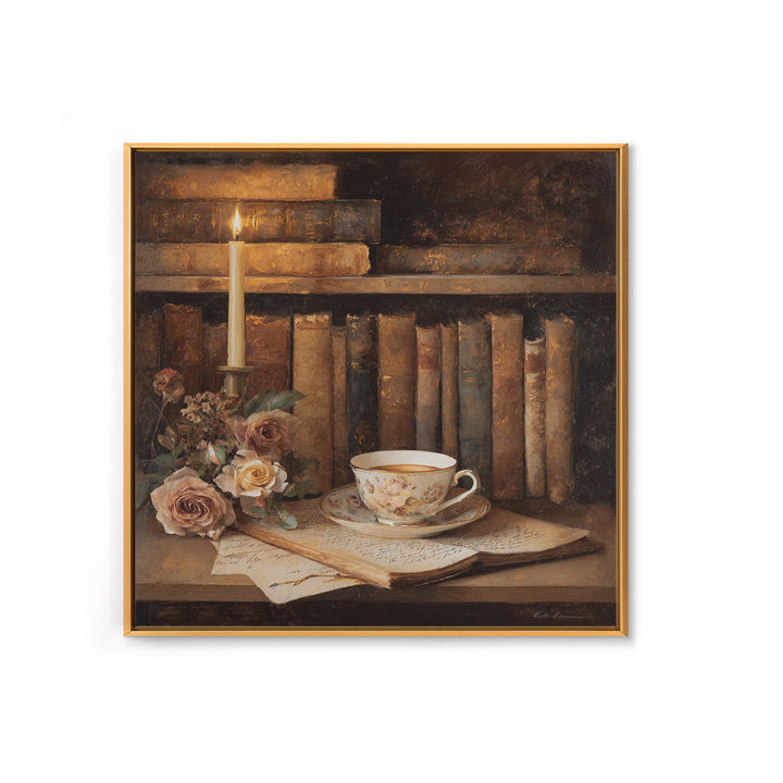 Teacup Beside a Novel and Roses Canvas Print, Library Art, Black Cat Art, Library Decor, Fine Art, Archive, Luxury Decor, LIB-1x1-14